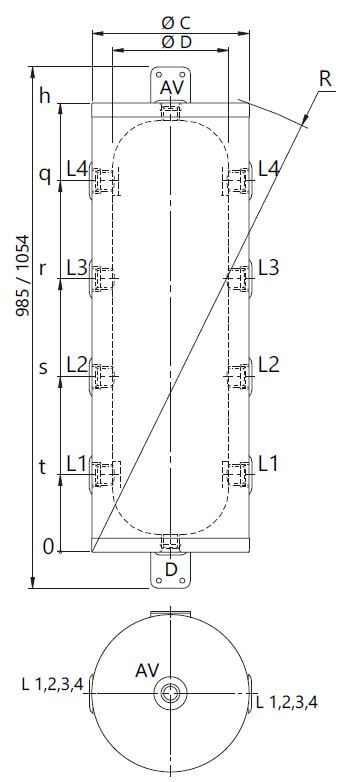 Dimensions et piquages du ballon tampon pour PAC 50 et 80 Litres